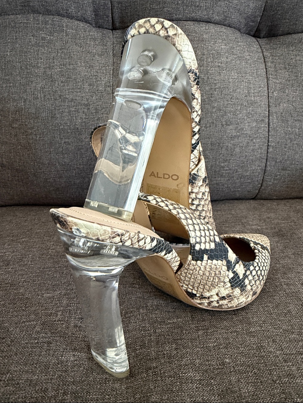 Aldo Neutral Snake-Print Slingback Pumps with Clear Heel - Picture 2 of 5
